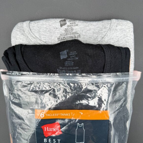 Hanes Mens Best Tagless Tanks 6 Pack M Black Gray 100% Ring Spun Cotton Open Pkg - Picture 3 of 3